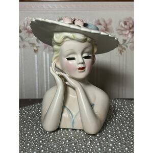 Vintage Lefton White 2900 Lady Head vase, Brimmed Hat No Foil
